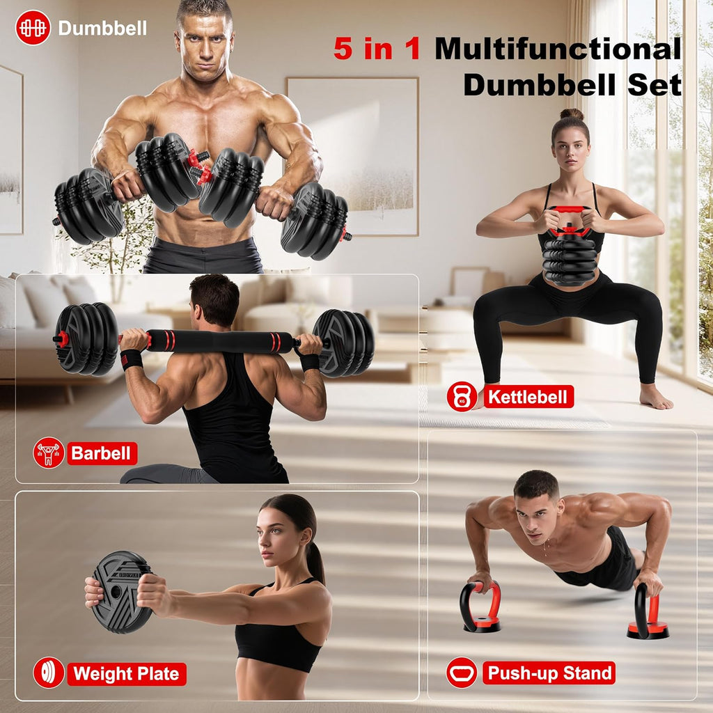 Adjustable Dumbbell Set, 20/30/45/70/90lbs, 5 in 1 Multi-Function Dumbbells | Converts to Barbell Kettlebell&Push up
