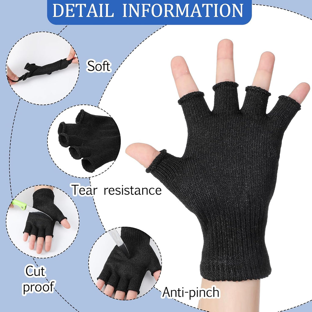 2 Pair Cut Resistant Fingerless Work Gloves, Black
