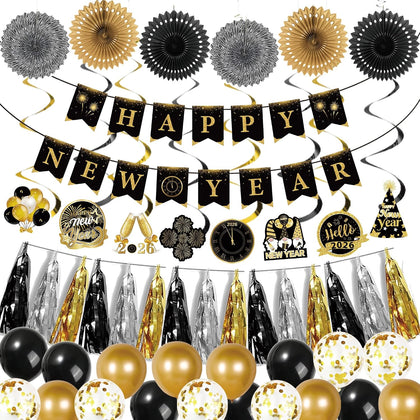 2026 New Year Decorations – Black Gold New Year’s Eve Party Supplies with Happy New Year Banner, Hanging Swirls with