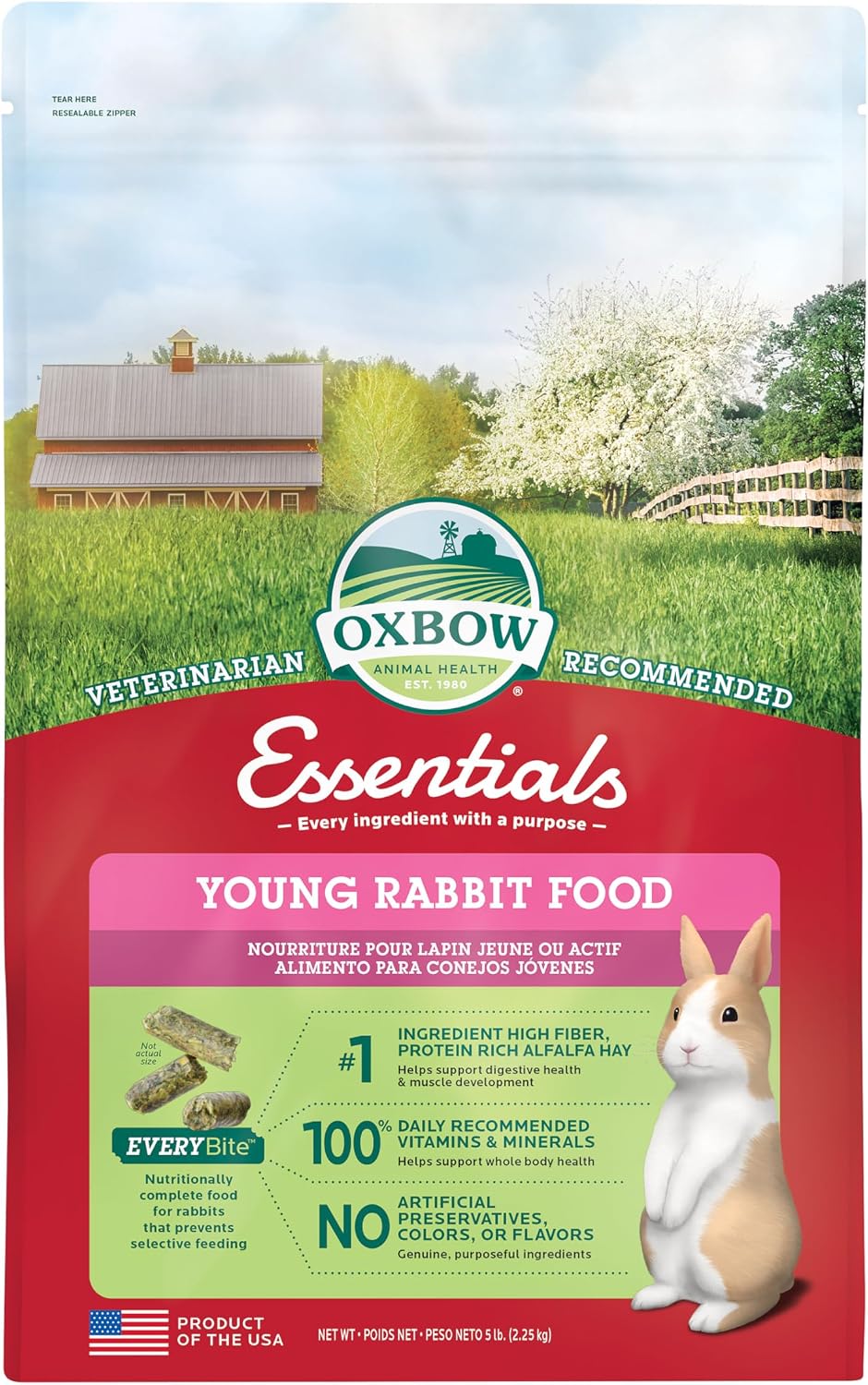 Essentials Young Rabbit Food, High-Fiber Rabbit Pellets, USA, 5 lb
