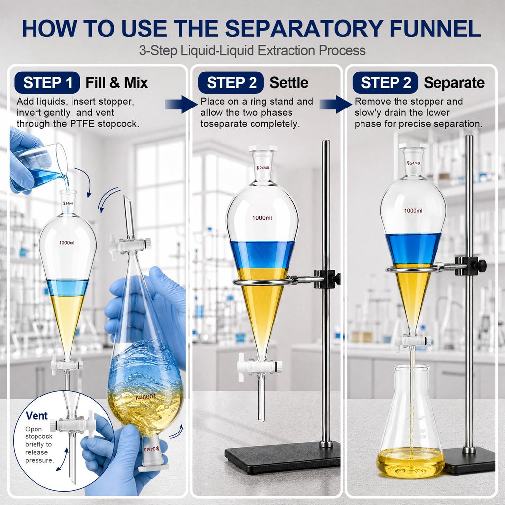 1000 ml Separatory Funnel, Borosilicate Glass, PTFE Stopcock