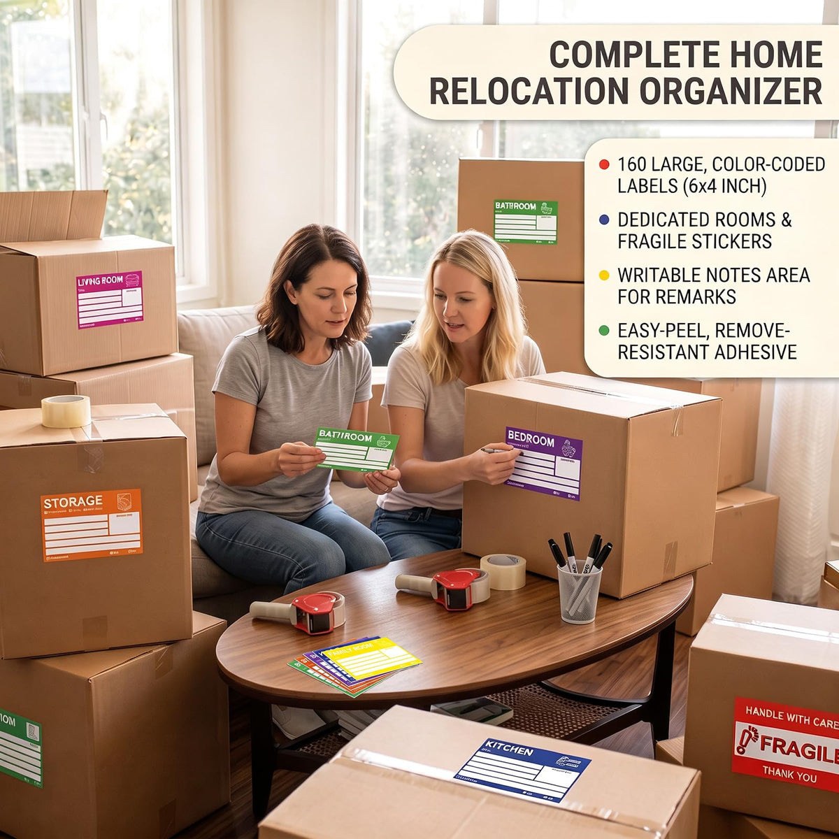 Moving Labels for Boxes,160 Color Coded Writable Moving Labels with Fragile Stickers,6 x 4 Inch Large Packing