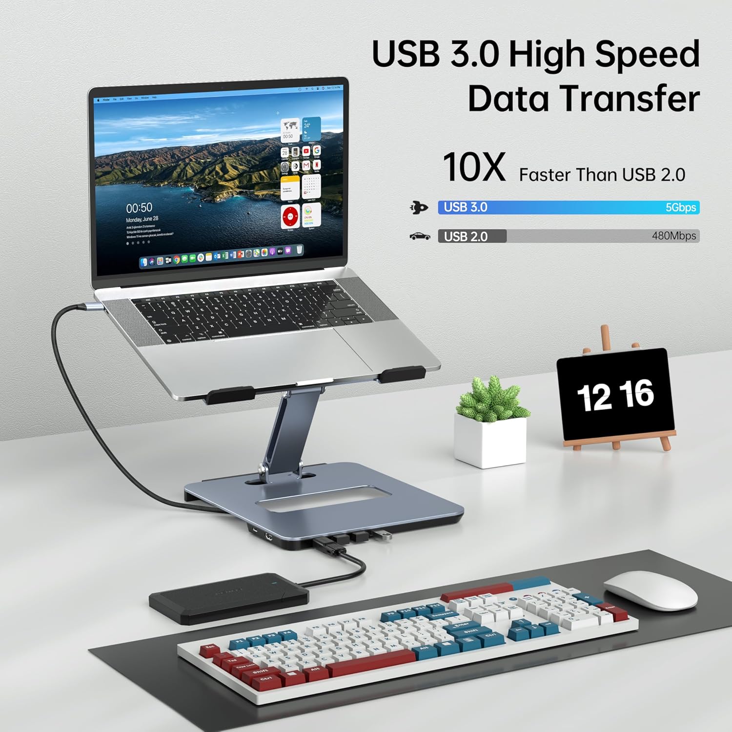 Laptop Stand with USB C 6in1 Docking Station, HDMI 4K@60Hz, 4*USB3.0, 100W PD Compatible with MacBook Pro/Air, iPad