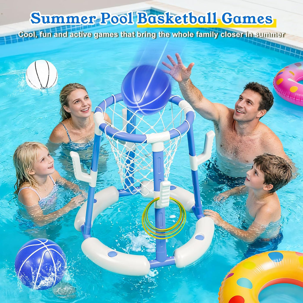 2 in 1 Pool Basketball Hoop with Backboard & Ring Toss Game,Floating Pool Toys with 4 Balls 8 Rings&Pump Summer Water