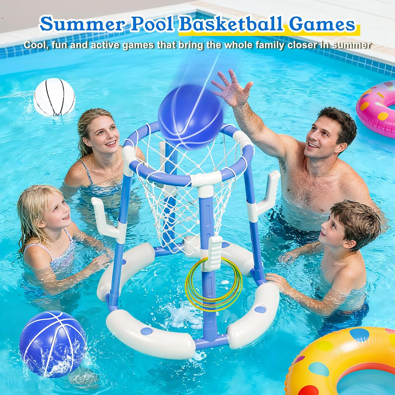 2 in 1 Pool Basketball Hoop with Backboard & Ring Toss Game,Floating Pool Toys with 4 Balls 8 Rings&Pump Summer Water