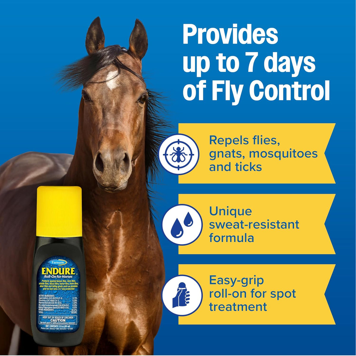 Endure Roll-On Fly Repellent for Horses, for Sensitive Areas, 3 oz