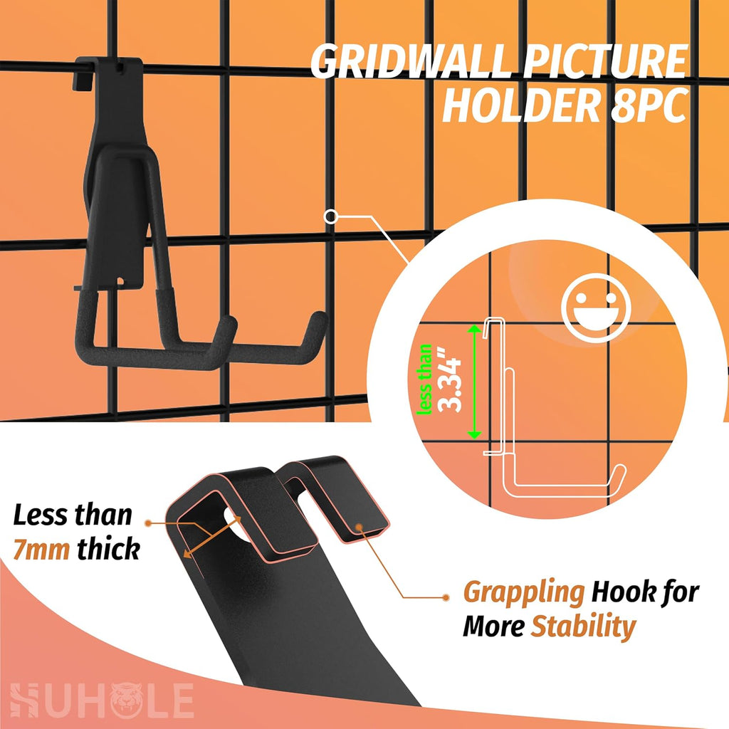 8 Pack Black Gridwall Picture Hooks for 3 Inch Grid Panels | Vinyl Coated Metal Hangers for Retail Display, Art