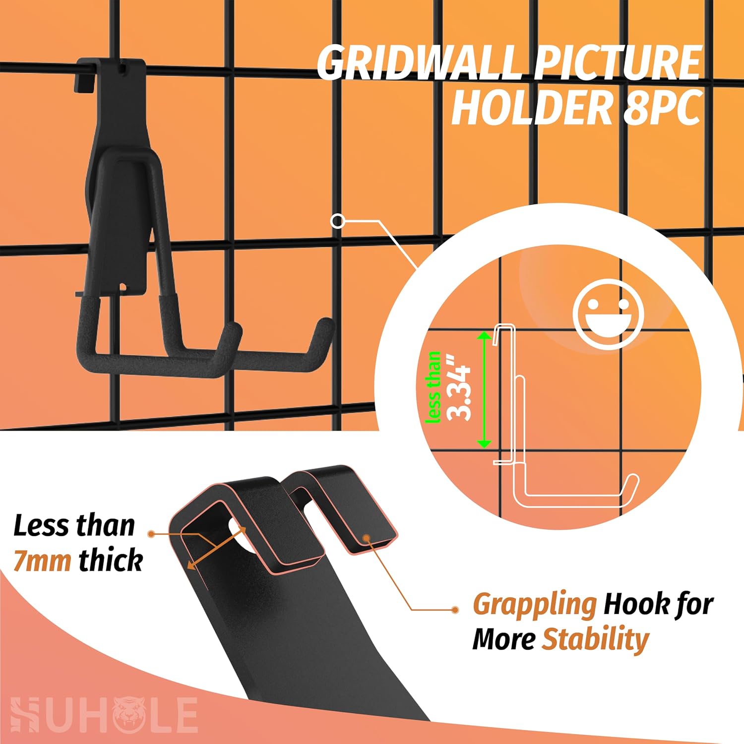8 Pack Black Gridwall Picture Hooks for 3 Inch Grid Panels | Vinyl Coated Metal Hangers for Retail Display, Art