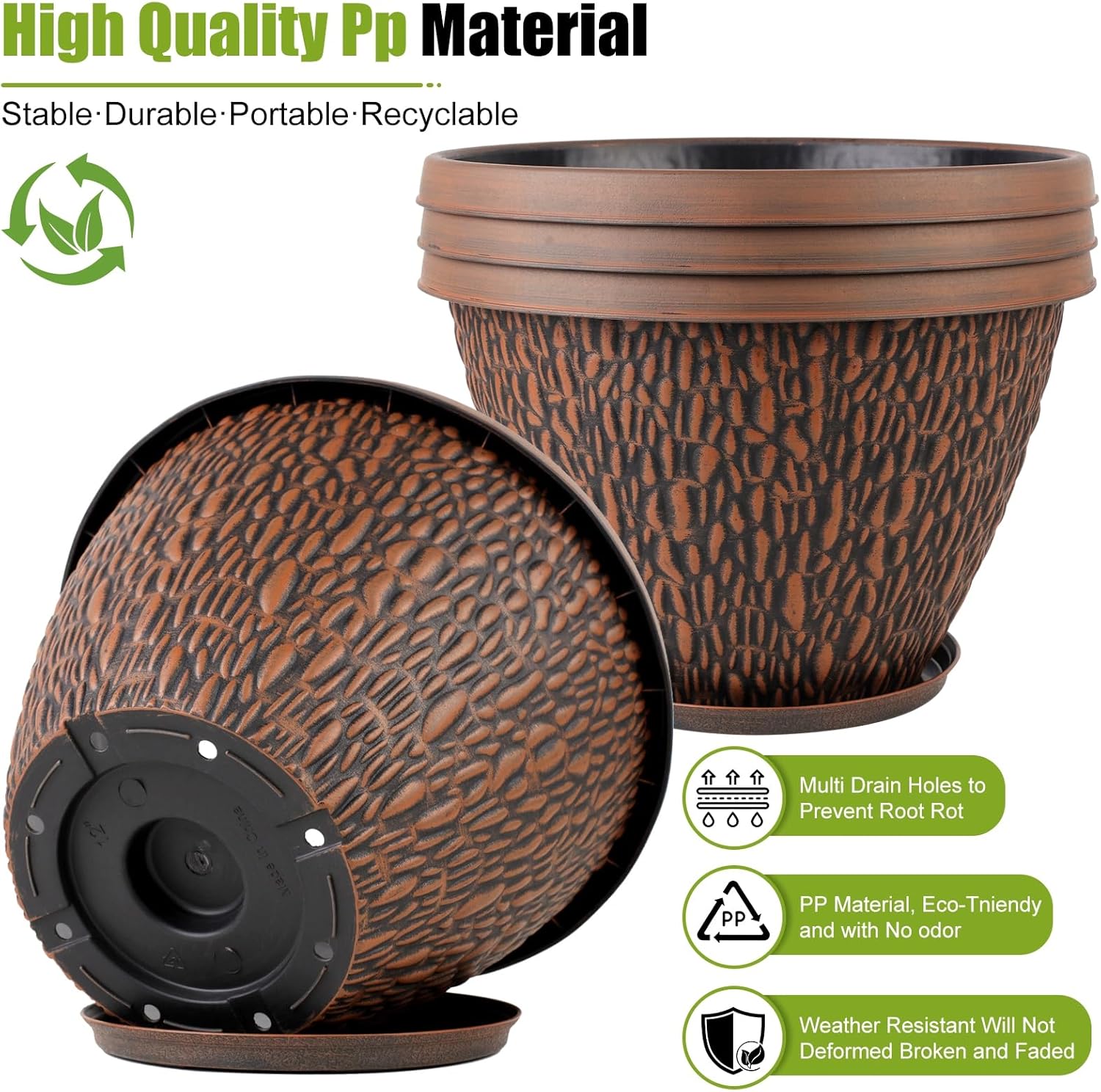 4 Pack Flower Pots Outdoor, 10 Inch Plant Pot with Drainage Hole & Tray, Thickened Plastic Planters for Indoor