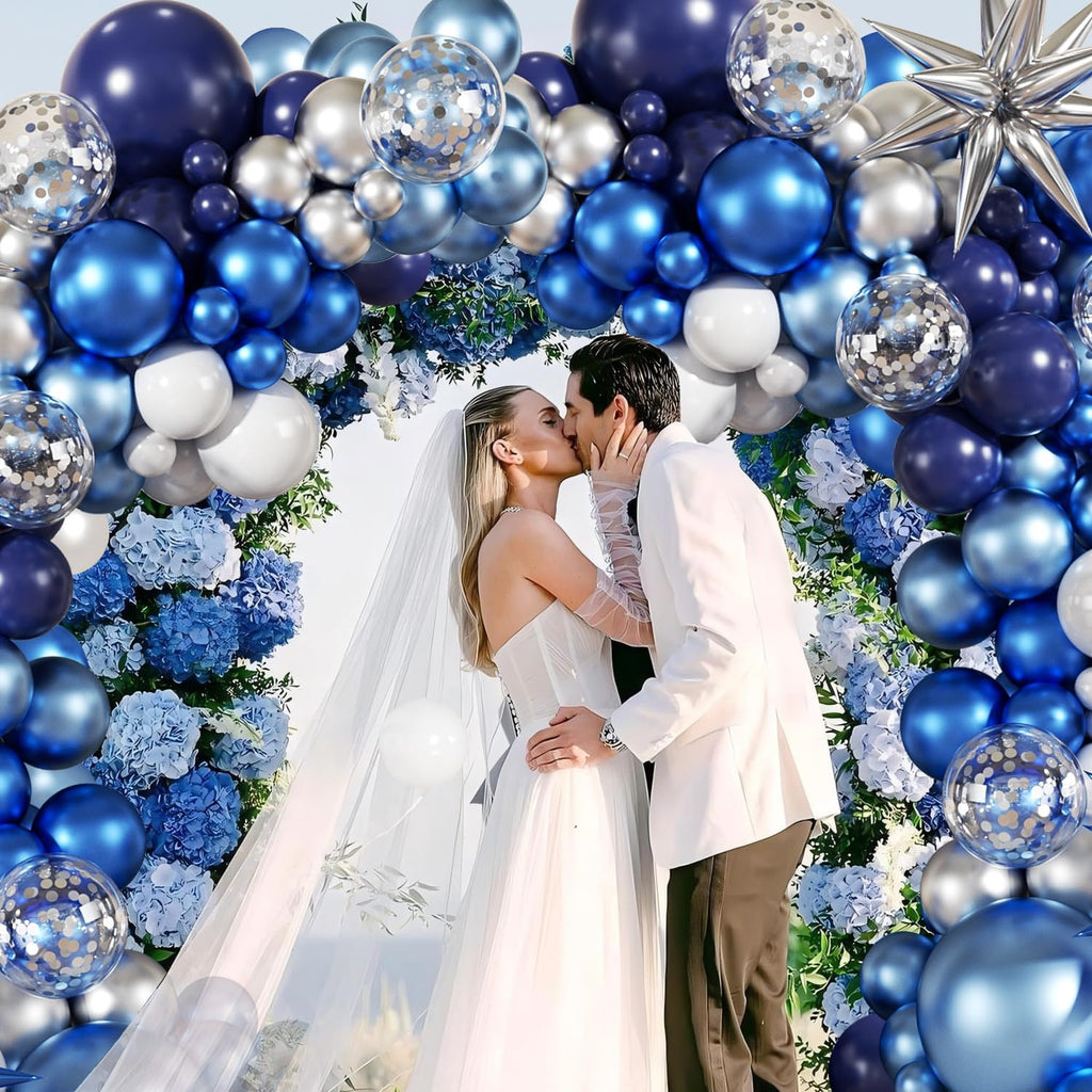 Blue White Silver Balloon Garland Arch Kit, 140Pcs Navy Light Metallic Blue Silver White Confetti Balloons With Stars