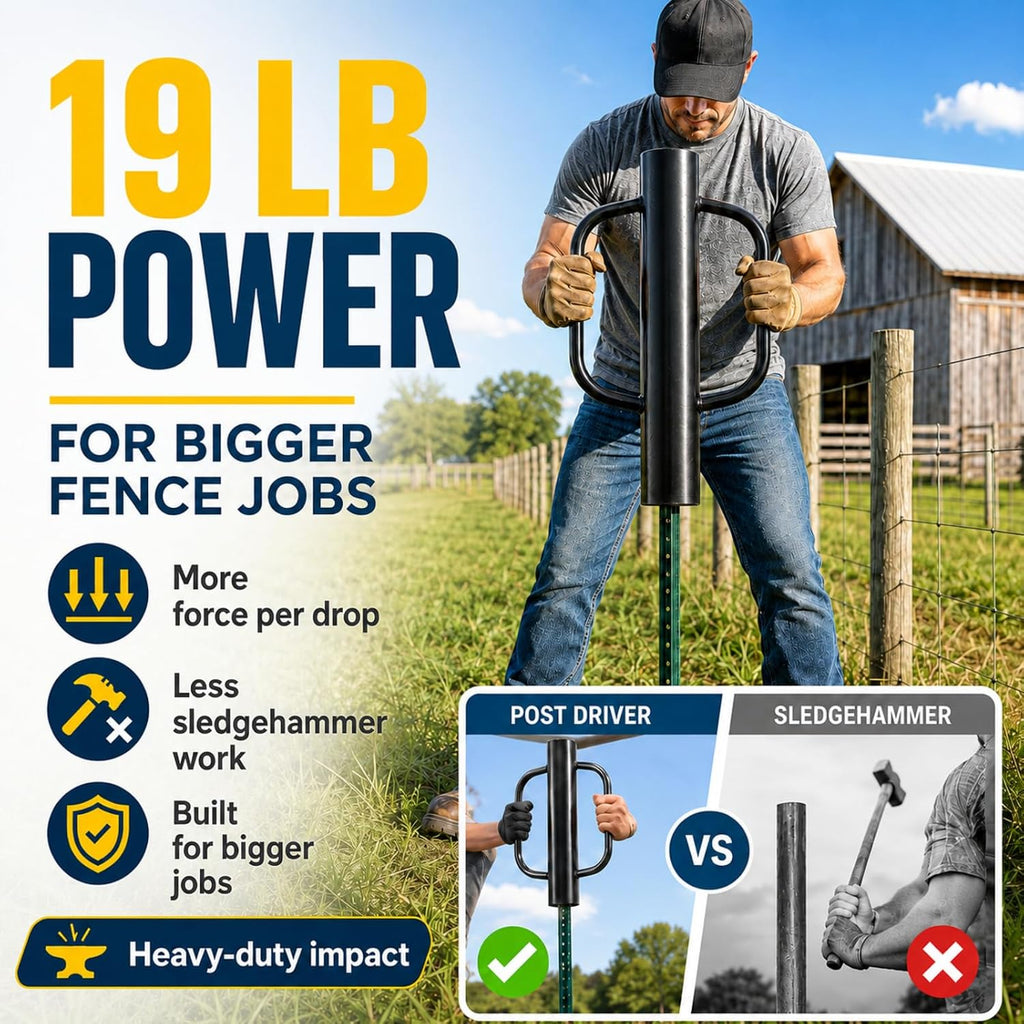 Fence Post Driver, 19 lb T-Post Pounder, Detachable 32 in, Dual Handles