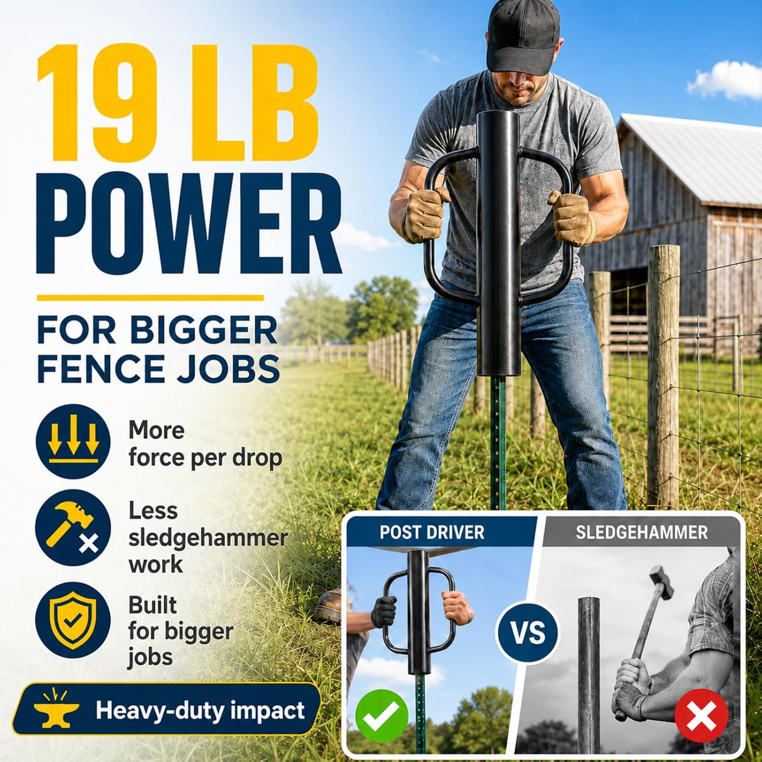 Fence Post Driver, 19 lb T-Post Pounder, Detachable 32 in, Dual Handles