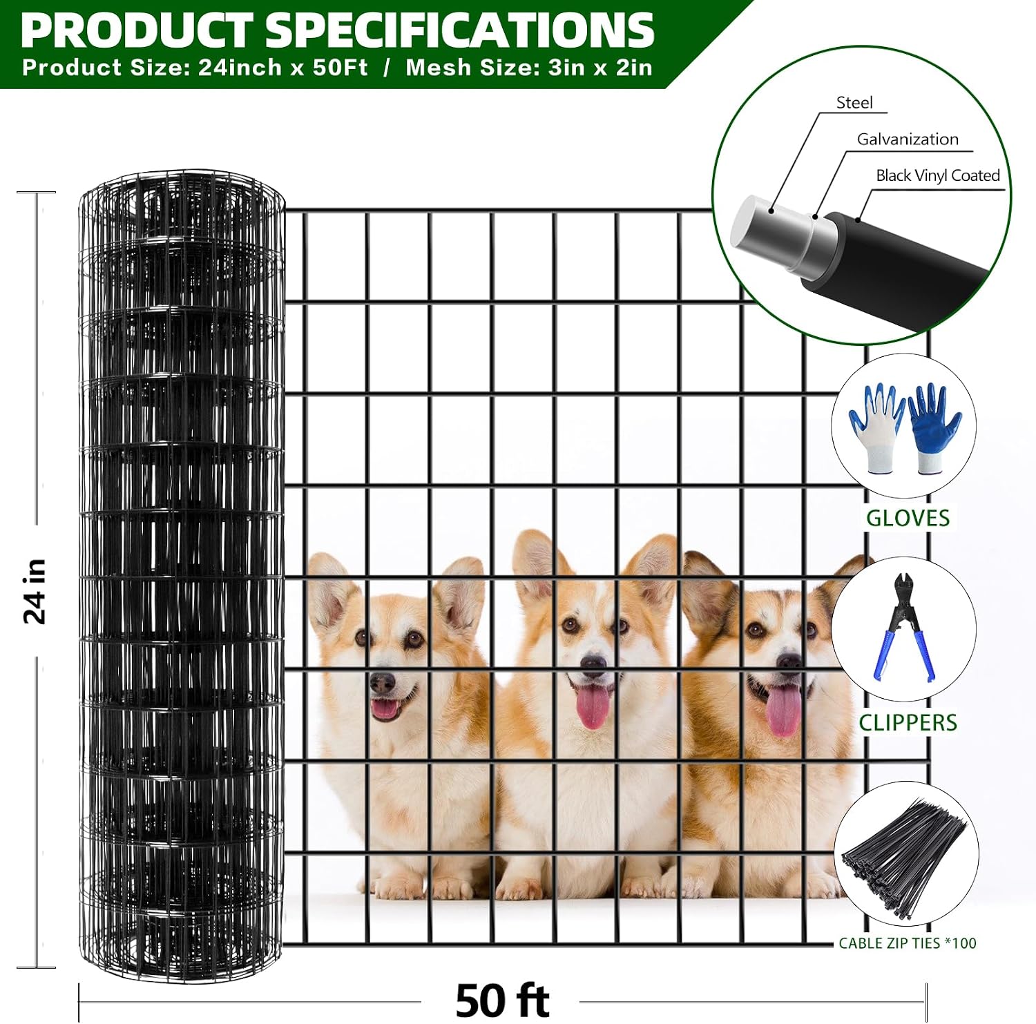 Welded Wire Fence, 50ft(L) x 24inch(H) Garden Fence for Dog, 2 Inch x 3 Inch 16GA Fencing for Chicken, PVC Coated