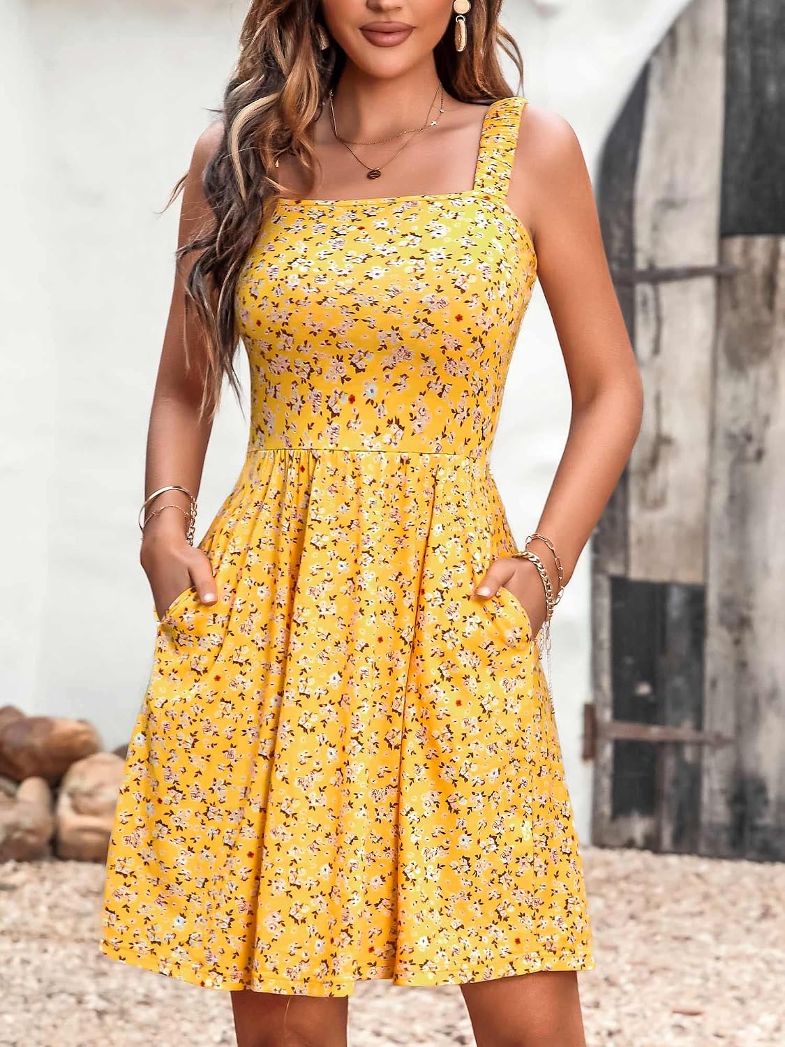 Women's Summer Casual Square Neck Dress with Pocket Cute Short Dress