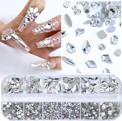 3200PCS Nail Art Rhinestones, Crystal Clear Flatback Rhinestones for Nails, Crafts, 12 Styles 3D Glass Crystal Nail