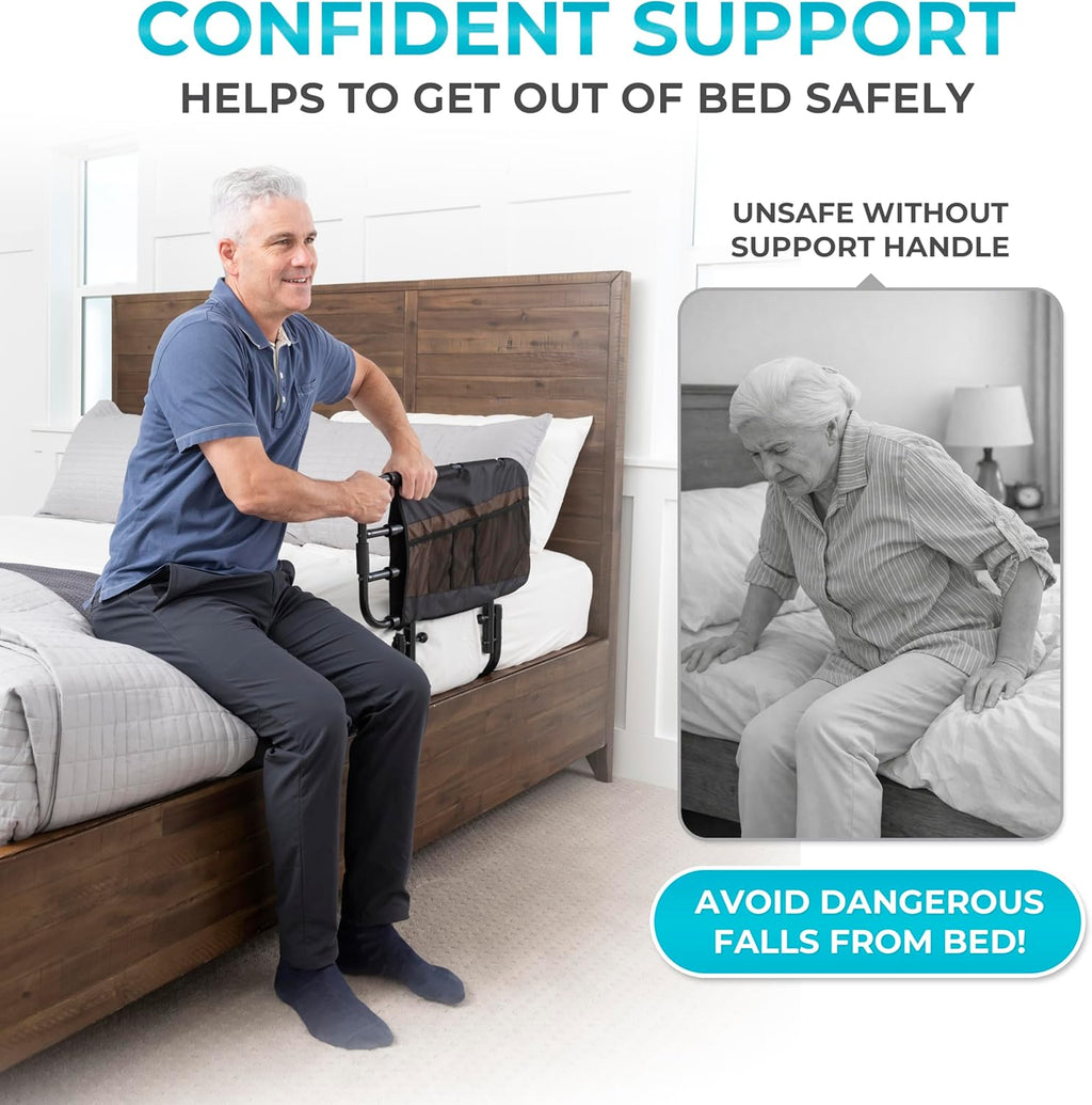 EZ Adjust Bed Rail, Adjustable Senior Bedrail and Safety Assist Railing for Elderly Adults with Organizer Pouch, ASTM