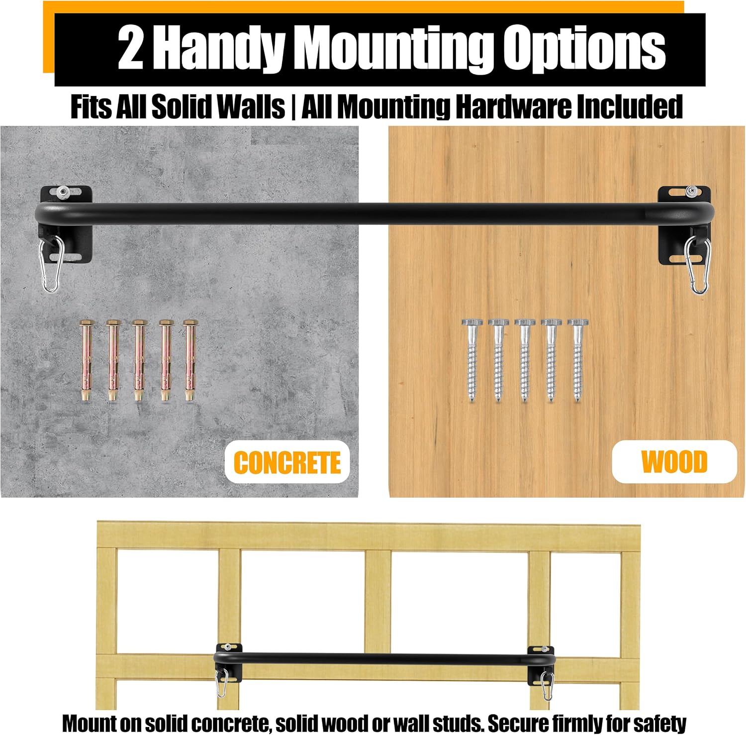 Wall Mounted Pull Up Bar, Carbon Steel Doorway Chin Up Bar for Home Gym | Reinforced plate supports fit joists and