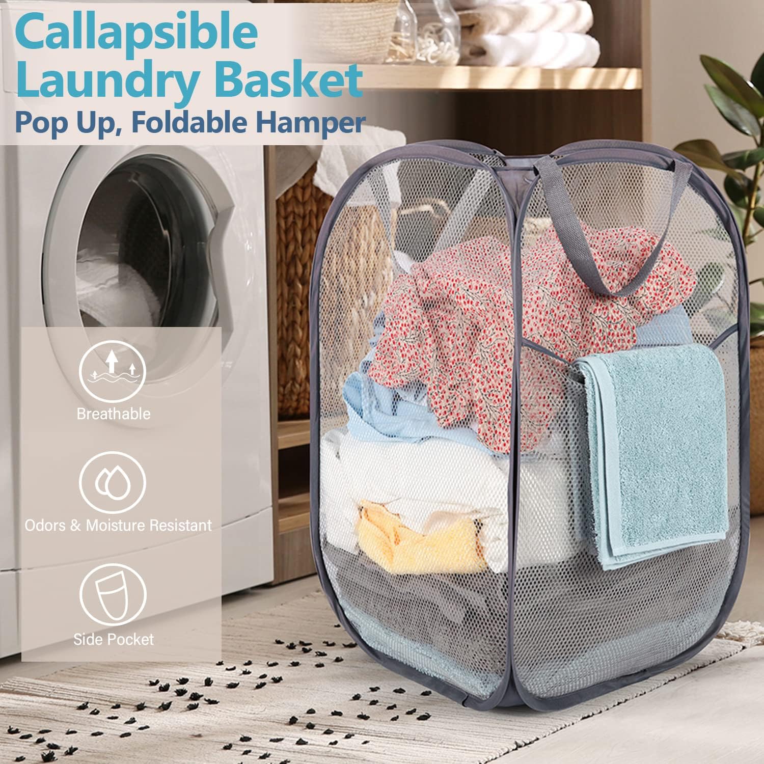 Deluxe Strong Mesh Pop up Laundry Hamper Basket with Side Pocket for Laundry Room, Bathroom, Kids Room, College Dorm