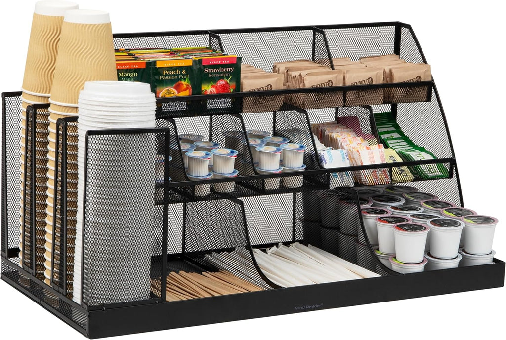 Cup and Condiment Station, Breakroom Countertop Organizer, 3-Tier Storage for Office Coffee Stations and Shared