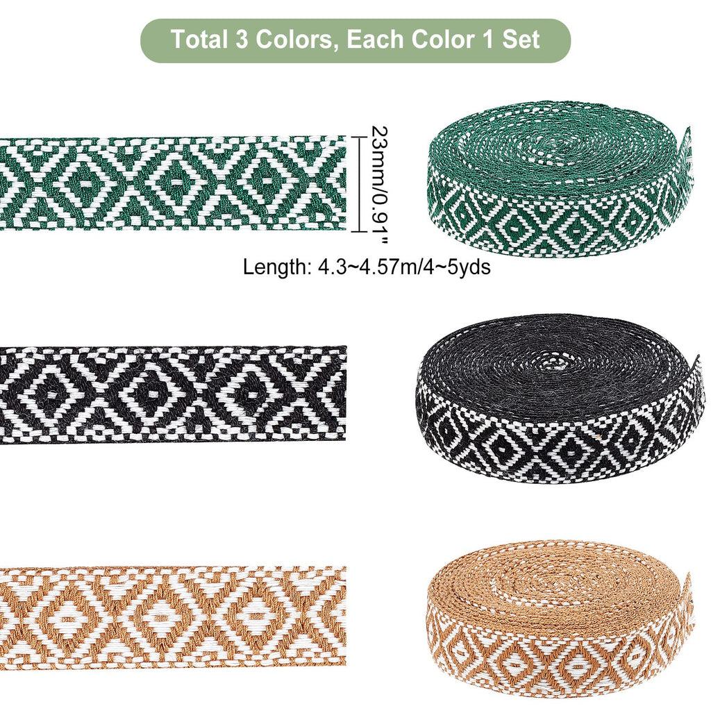 3 Colors 15 Yards Jacquard Ribbon Trim, Boho Striped Woven Trim