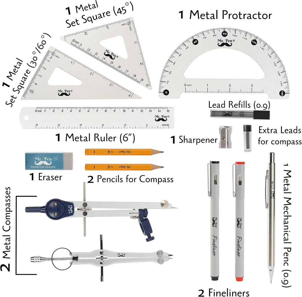 Professional Geometry Set, 15 pcs, Drafting Tools with Protractor | Compass, Metal Ruler, Triangles, Pens & Pencils
