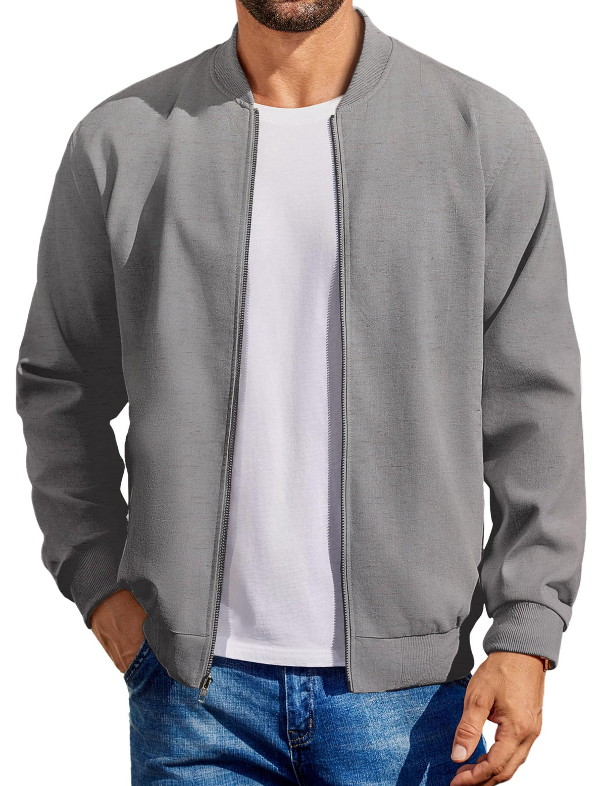 Mens Light Cotton Bomber Jacket Casual Flight, True Gray, Medium