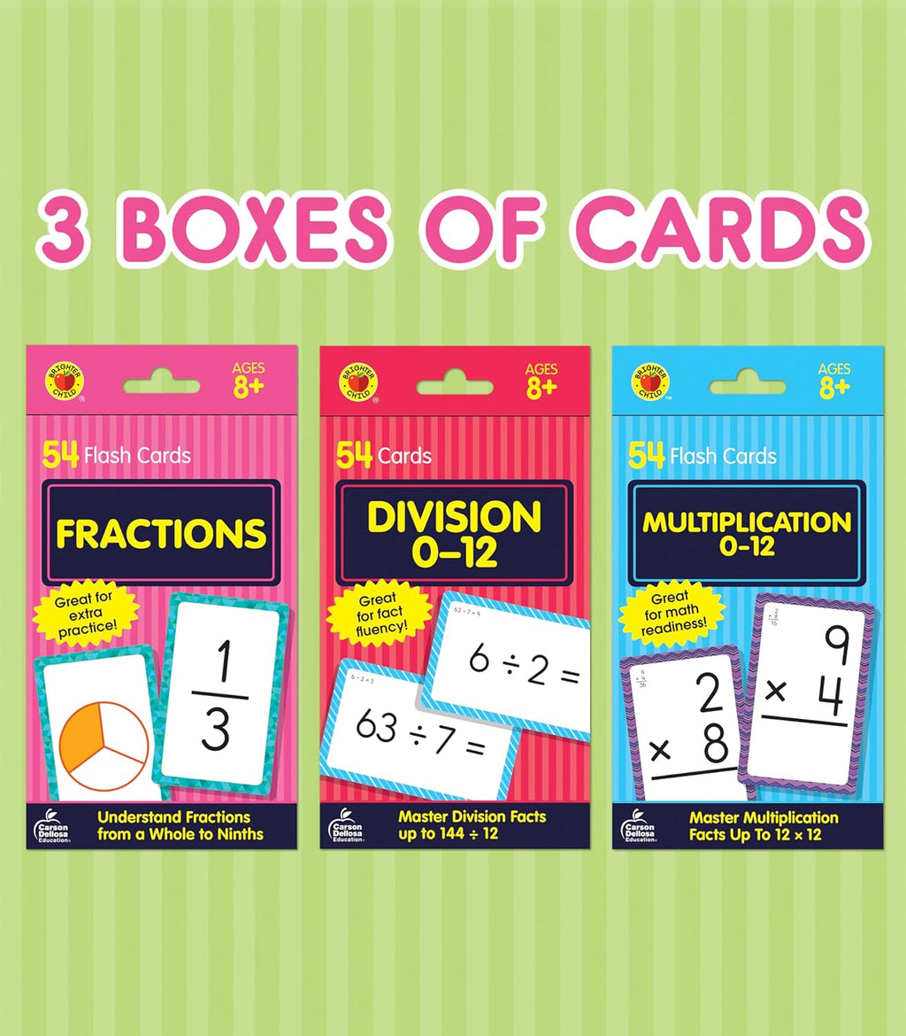 Carson Dellosa 3-Pack Math Flash Cards, Ages 8-12, Multiplication | Division, and Fractions, Math Games, Grade 3-5