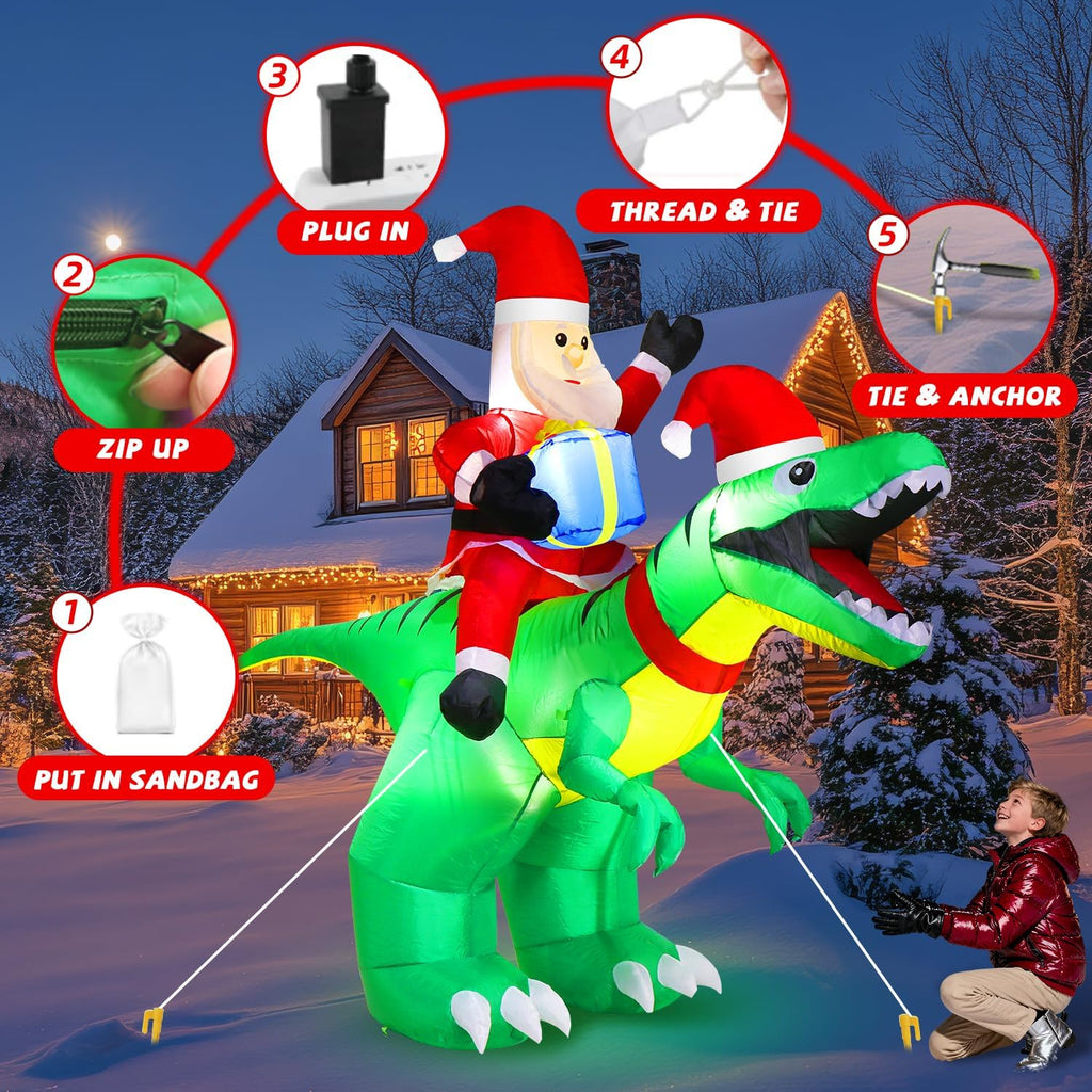 9x7FT Christmas Inflatables Santa Ride on Dinosaur with LED Outdoor Christmas Dinosaur Inflatable Blow Up Yard