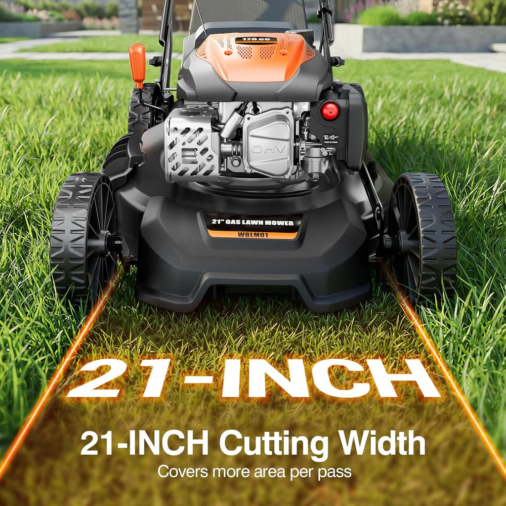 21” Self Propelled Lawn Mower Gas, 170CC 4-IN-1 Mulch/Rear Bag/Side Discharge/Rear Discharge, Walk-Behind Gas