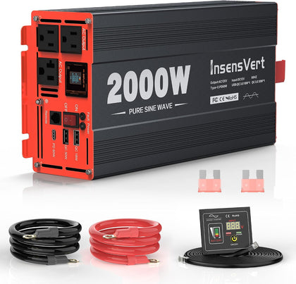2000 Watt Pure Sine Wave Power Inverter DC 12V to 120V AC, with 2 AC,18W USB, and 30W Type-C Charging Ports, Car