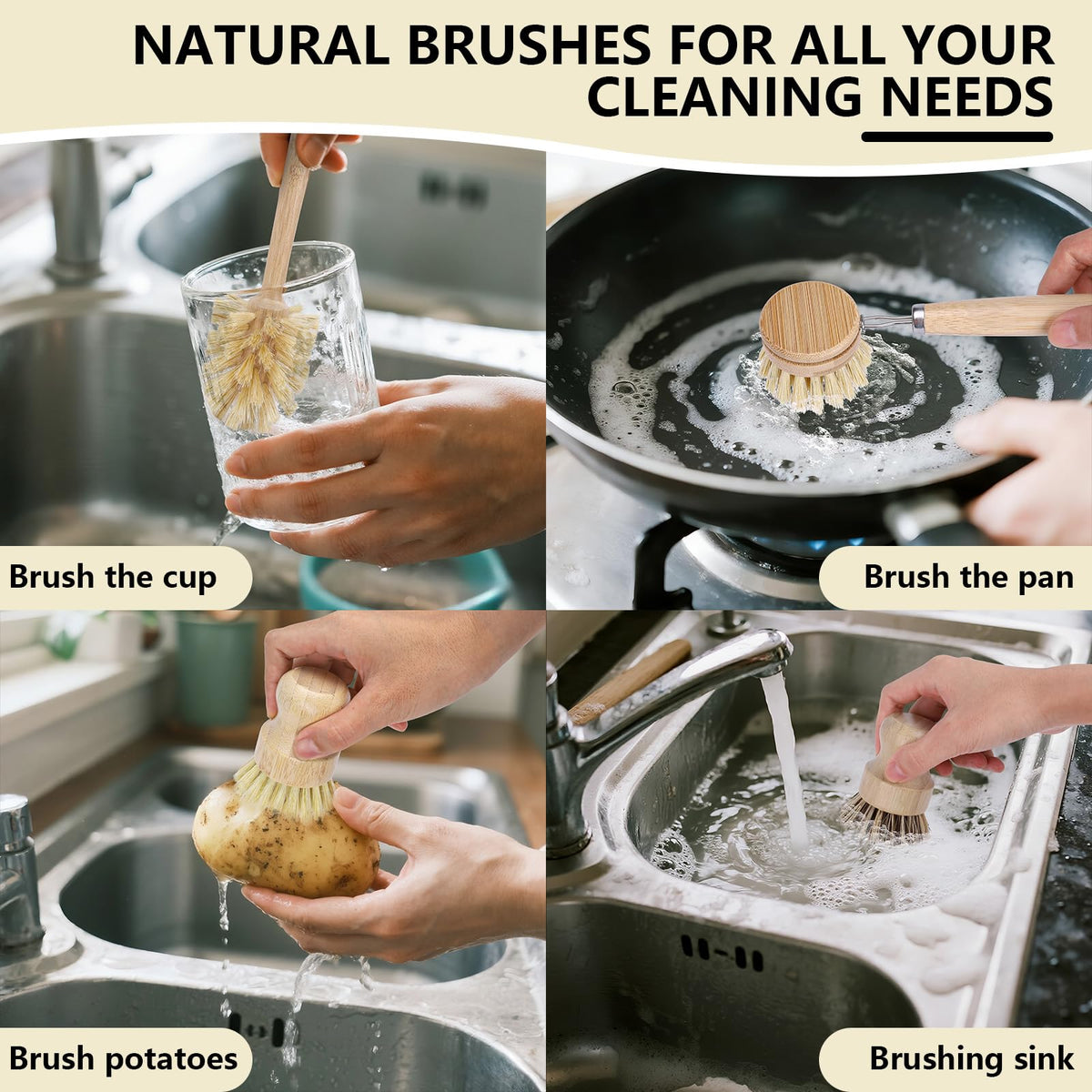 5 Pack Bamboo Dish Brush Set with 14’’ Bottle Brush