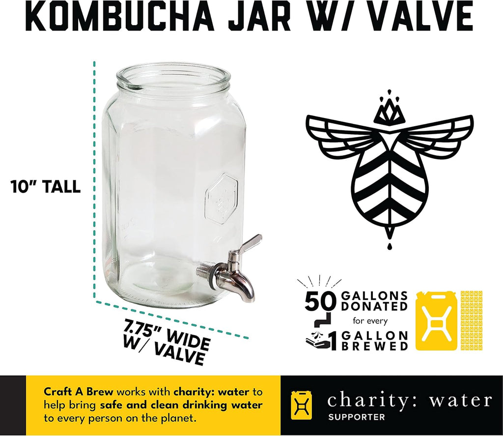 Kombucha Jar with Dispensing Valve - For Kombucha Fermentation - Includes Custom Cloth Cover- Proprietary Design