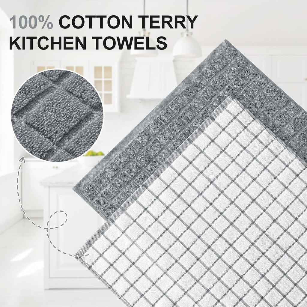 Large Premium Cotton Kitchen Towels 16"x 28", 6 Pack, Grey | Natural Ring Spun 390 GSM Dish Towels, Super Absorbent