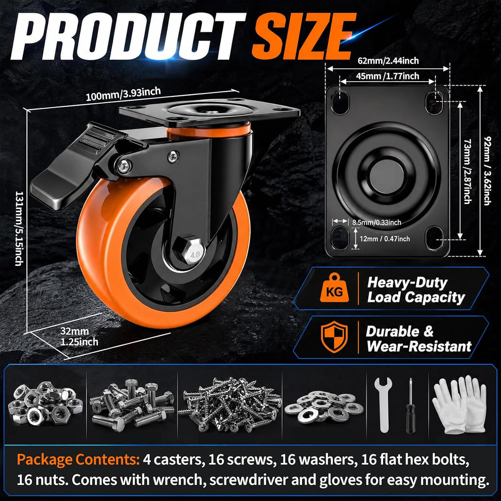 4 Inch Caster Wheels, Heavy Duty Swivel Casters Set of 4 with Brake Load 2200lbs, Industrial Plate Casters, No Noise