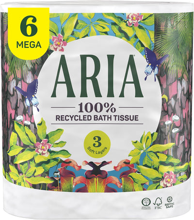 100% Recycled Toilet Paper, 6 Rolls, 3-Ply Soft Bath Tissue, Paper Packaging