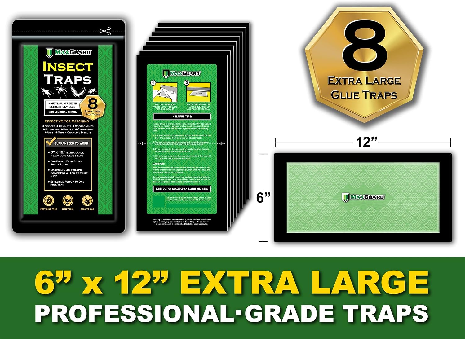 Extra Large Insect Traps (8 Traps) | Non-Toxic Extra Sticky Pre-Baited Glue Board, Trap & Kill Most Crawling Insects
