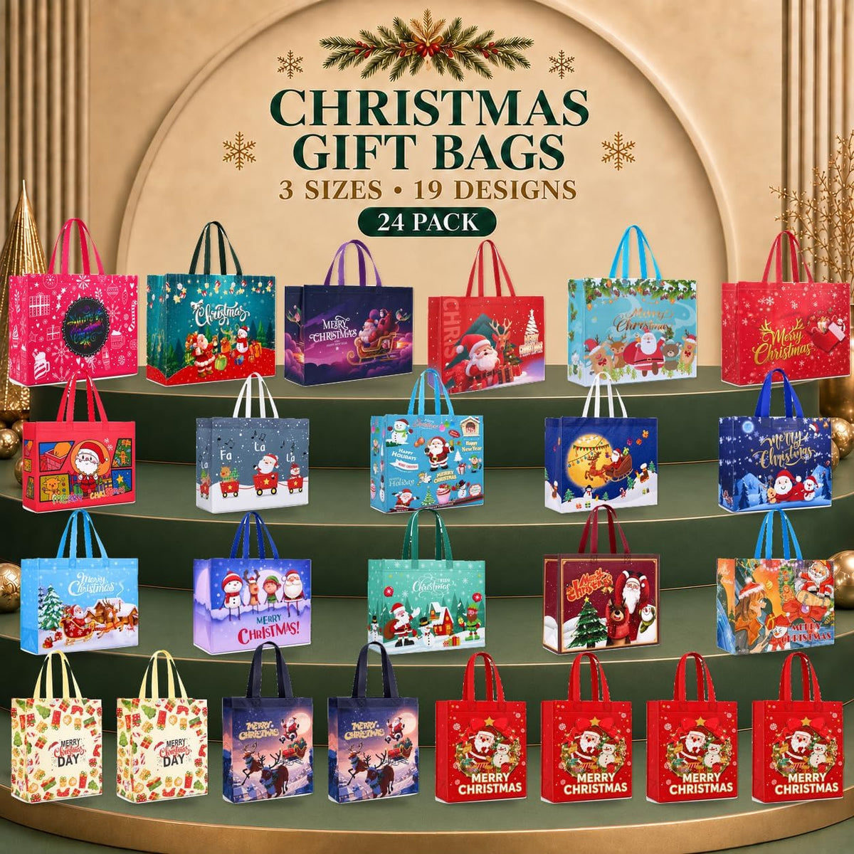 24 Pack Christmas Gift Bags Assorted Sizes Bulk with Handles