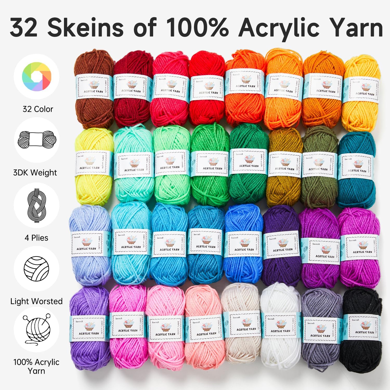 Crochet Yarn Kit for Beginners, 1440 Yards 32 Colors Acrylic Yarn Skeins, 2 Crochet Hooks, 2 Weaving Needles, 4