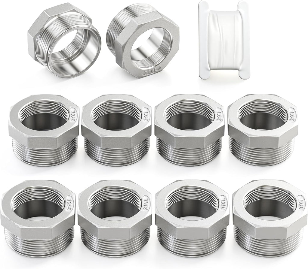 Taisher 10pcs 316L SS Reducer Hex Bushing,1/4" MNPT x 1/8" FNPT Pipe