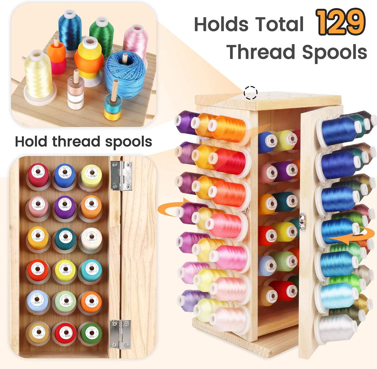 129 Spools 360° Fully Rotating Wooden Thread Rack | Thread Holder with 2 Doors, Inner Space Holds≤500M Thread Spools.
