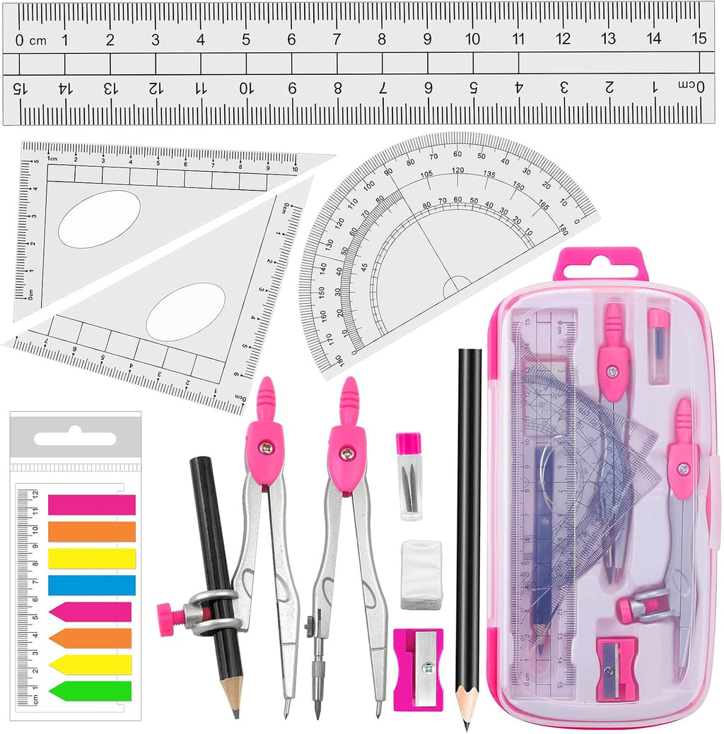 Maths Compasses Full Starter Geometry Kit with 2 Drafting Compasses Protractor 2 Set Squares Ruler Pencil and More