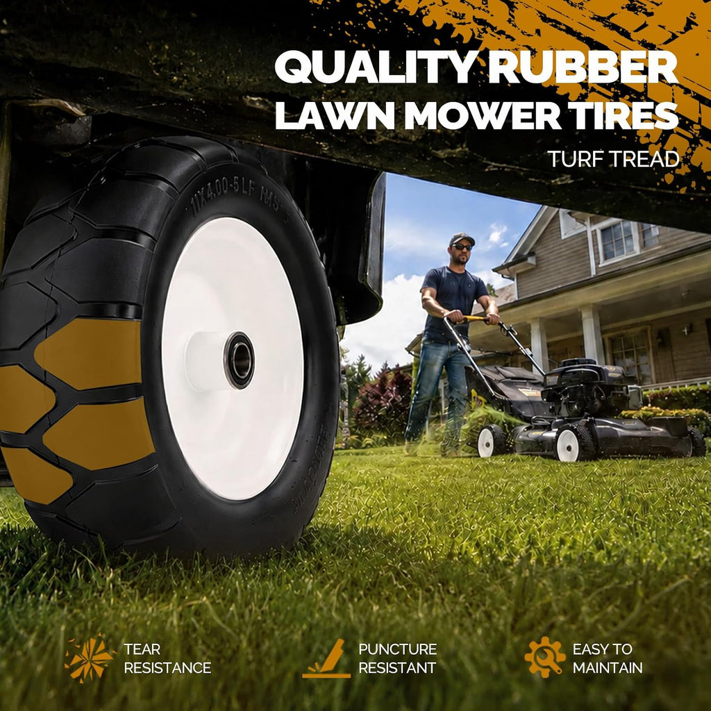 11x4.00-5 Flat Free Lawn Mower Tires and Wheels-3/4" 5/8" 1/2" Bearings & 3.4-4.9" Adjustable Centered Hub Length, 2