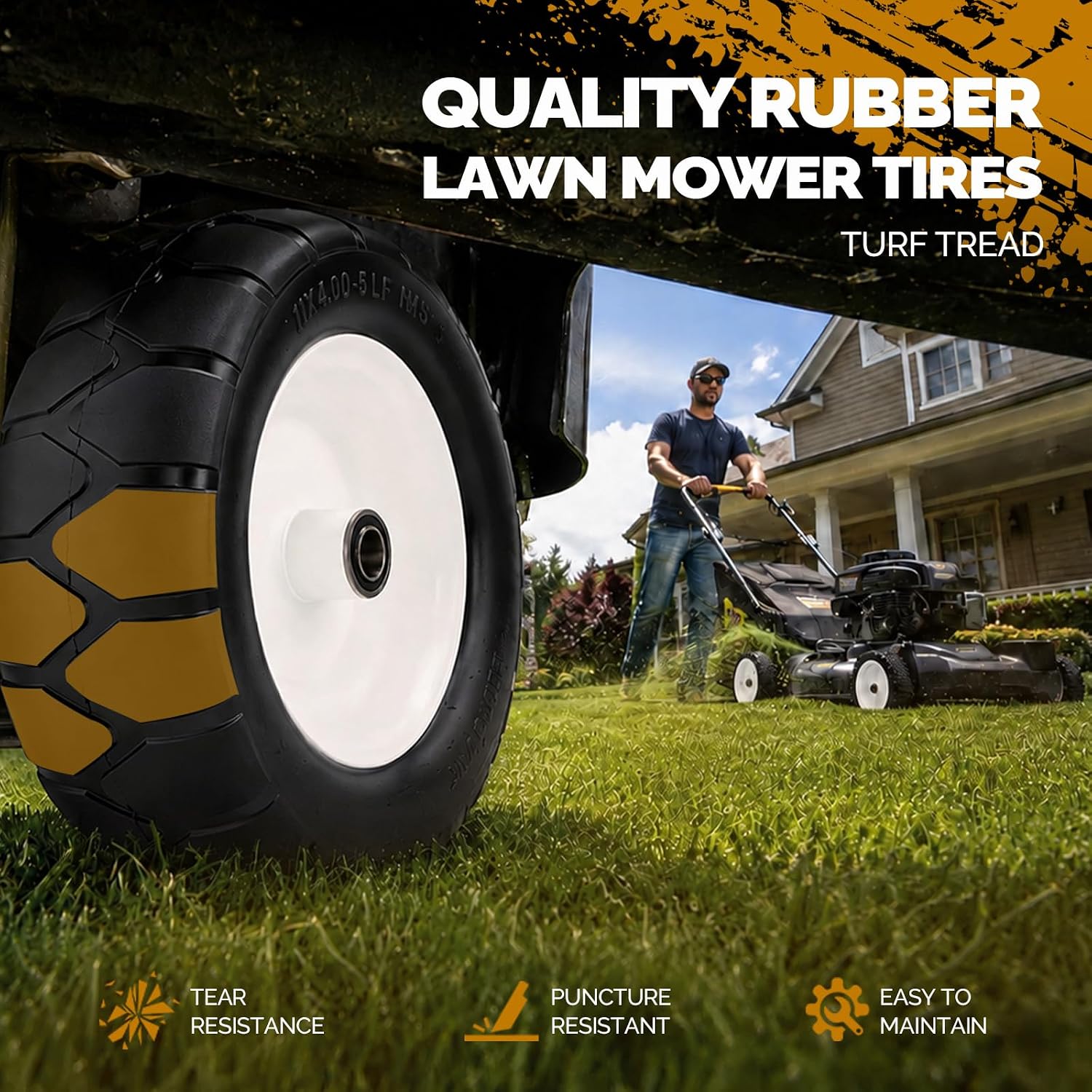 11x4.00-5 Flat Free Lawn Mower Tires and Wheels-3/4" 5/8" 1/2" Bearings & 3.4-4.9" Adjustable Centered Hub Length, 2