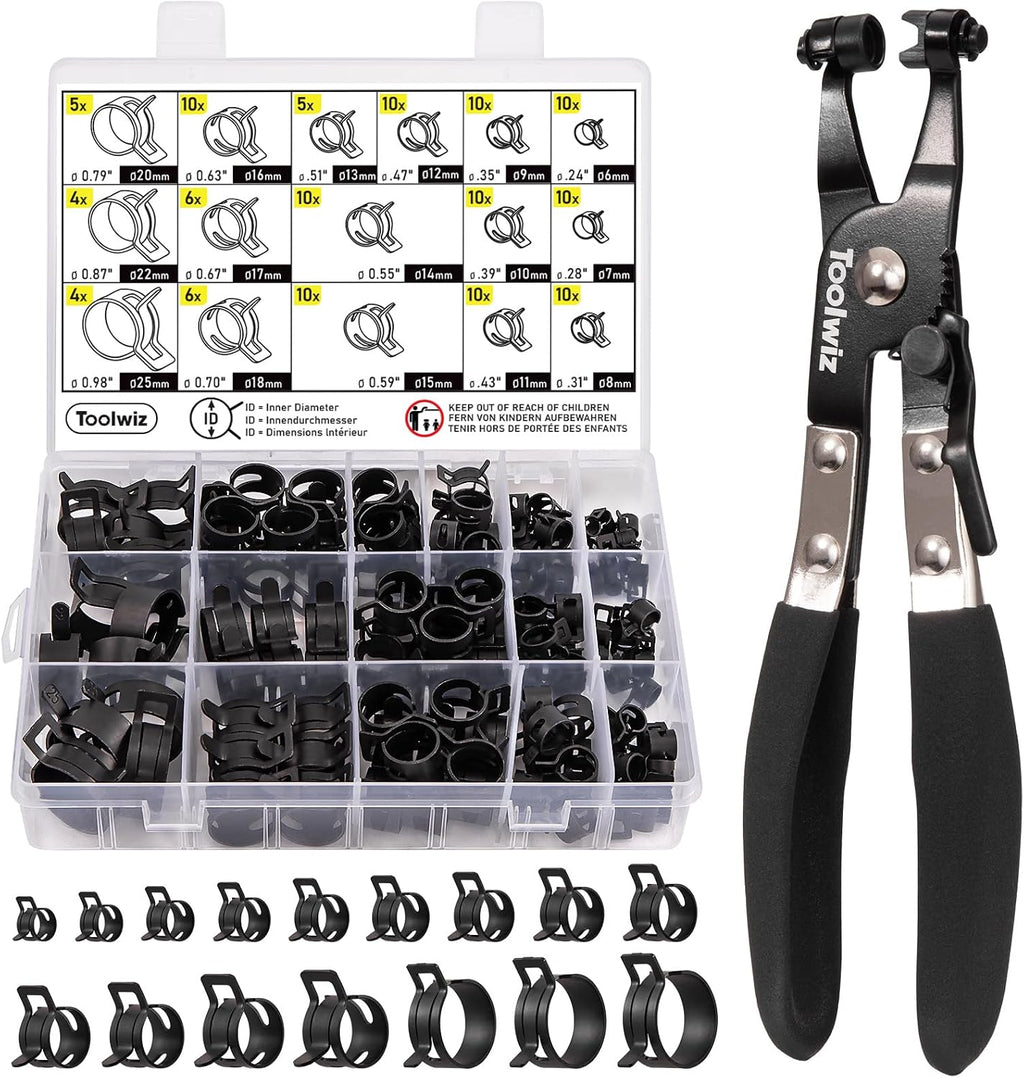 130Pcs 6-25mm Spring Band Hose Clamps Assortment with Clamp Plier | Swivel Radiator Hose Clamp Pliers, Constant