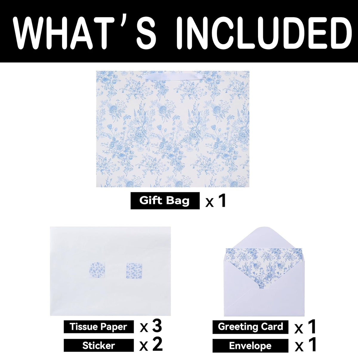 16.5" Extra Large Blue Floral Gift Bag Set with Handles, Greeting Card, White Tissue Papers and Stickers for Women