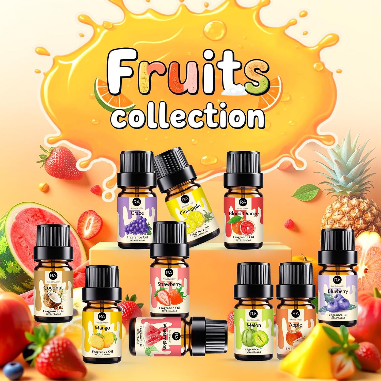 Fruity Fragrance Oil for Candle & Soap Making, 10 Fruit Scents in 5ML Bottles, Coconut, Strawberry, Watermelon