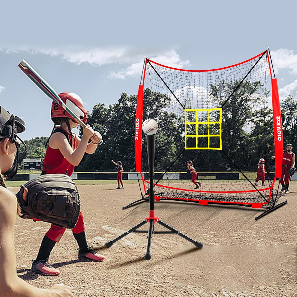7x7 ft Baseball Net, Pitching & Batting Net with Batting Tee, Designed with Large Ball Collection System, 2 Strike