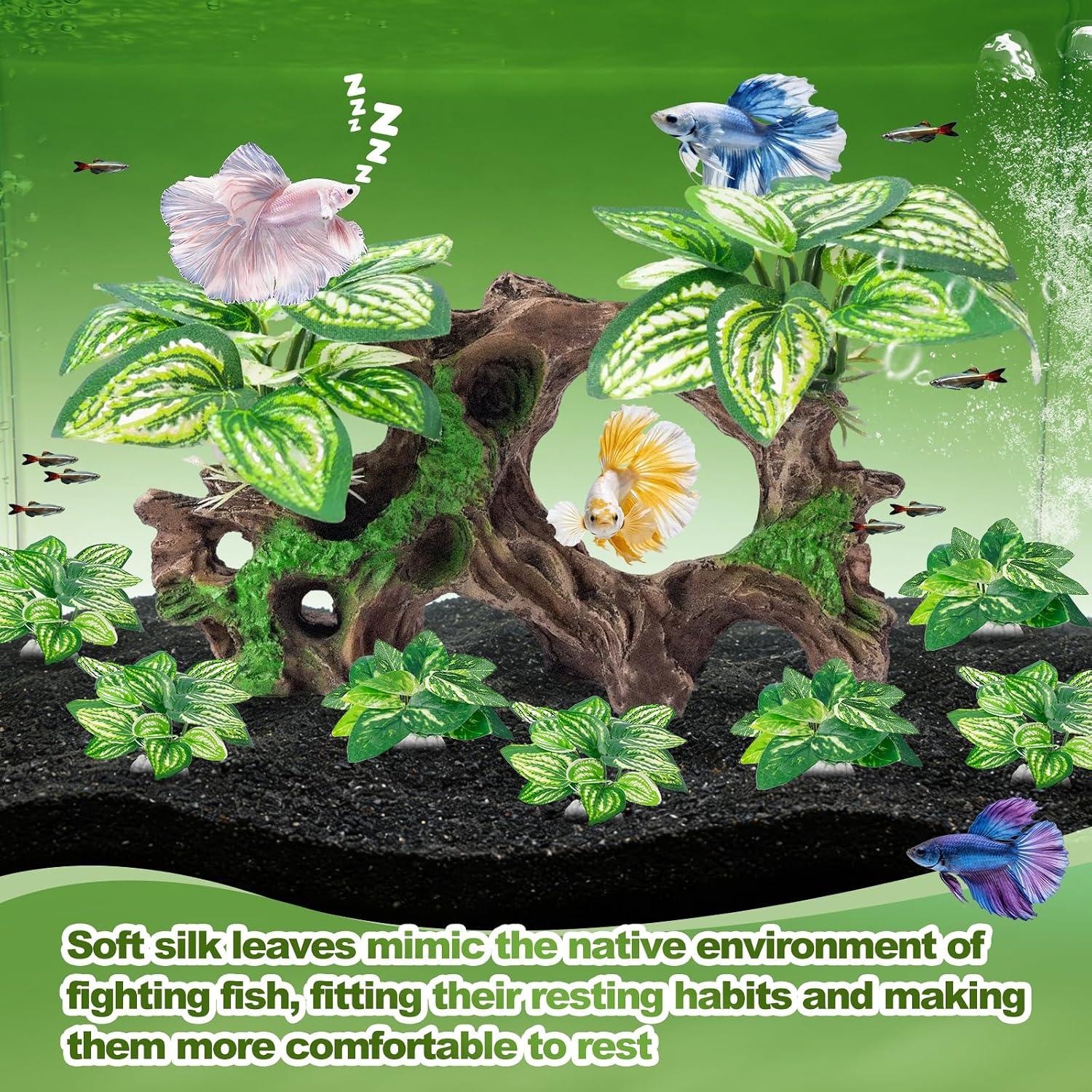 8 Pcs Fish Tank Decor，Silk Aquarium Plants Green Silk Leaf pad Hammock Artifical Driftwood cave Betta Fish Tank