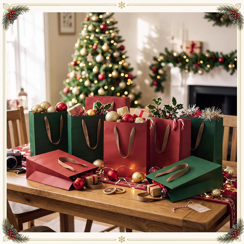 50 Pack Red Green Christmas Gift Bags Bulk, Heavy Duty, 8x11x4 Inch