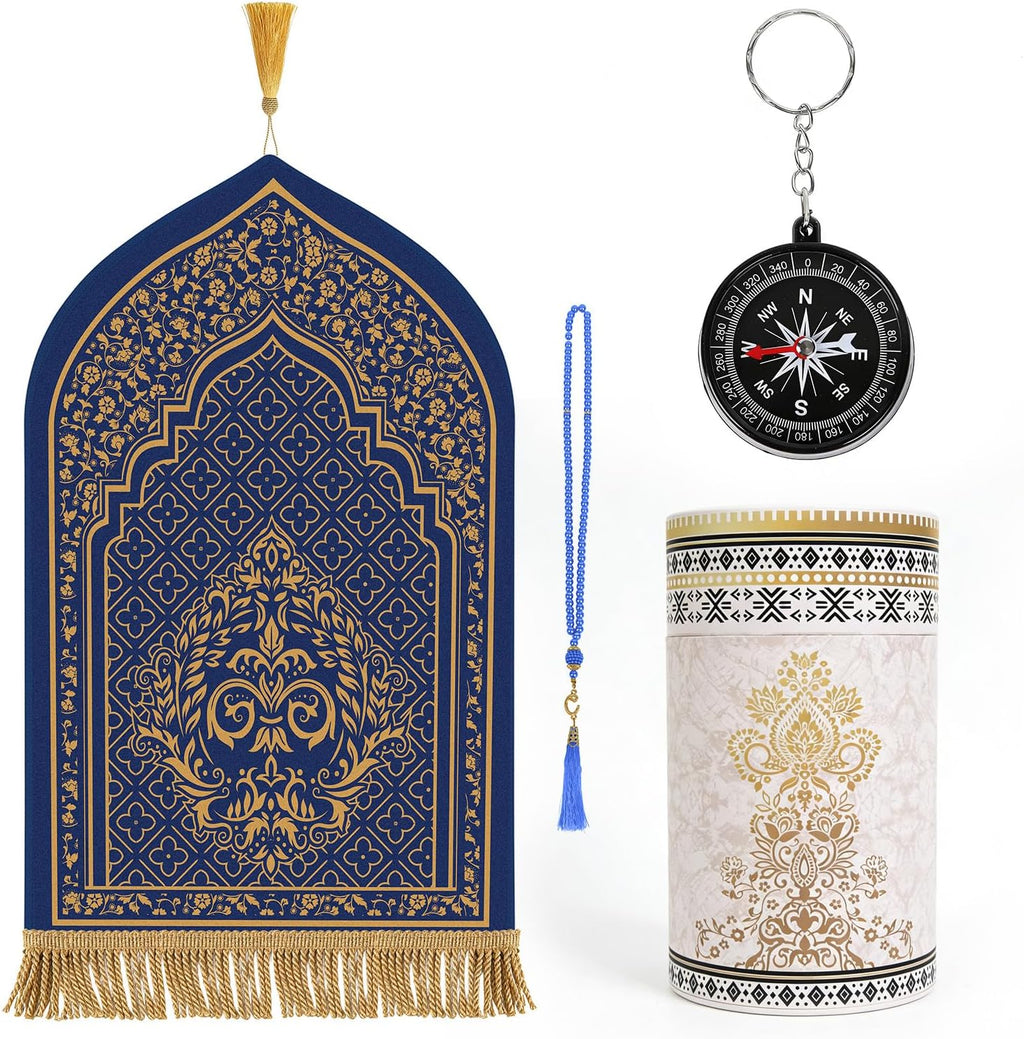 Prayer Mat Ramadan Gifts - Blue Prayer Rug Islamic Praying Tasbih Beads Compass, Muslim Praying Carpet for Men Women